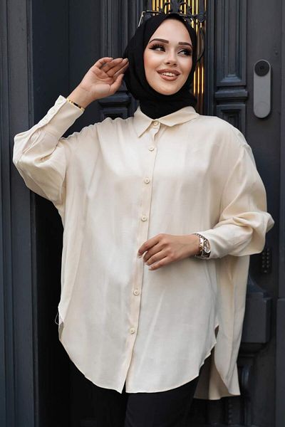 Neva Style - Cămașă Hijab Bej Lungă la Spate 10236bej