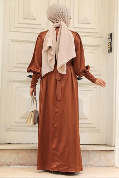 Neva Style Μπαλόνι μανίκι καφέ Hijab Σατέν Βραδινό Φόρεμα 61031kh