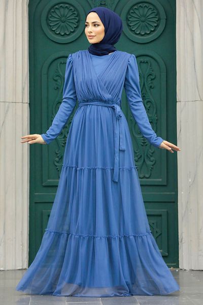 Neva Style Kat Pleated Indigo Blue Hijab Evening Dress 55621ım