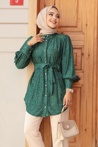 Neva Style تونيك حجاب أخضر منقوش 92671y