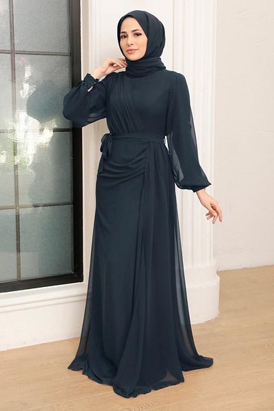 Neva Style Drape Detailed Navy Blue Hijab Evening Dress 5711L