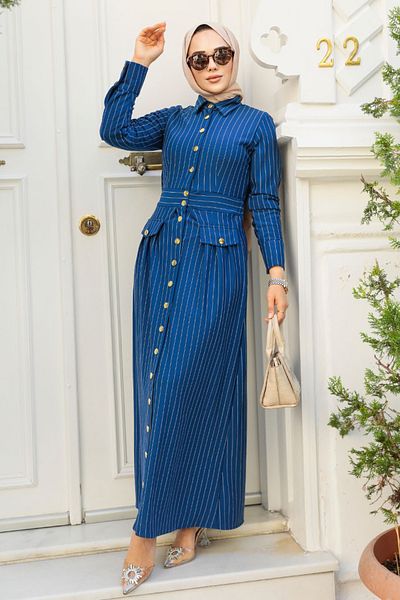 Neva Style Rochie Hijab cu dungi Indigo Blue 23051IM