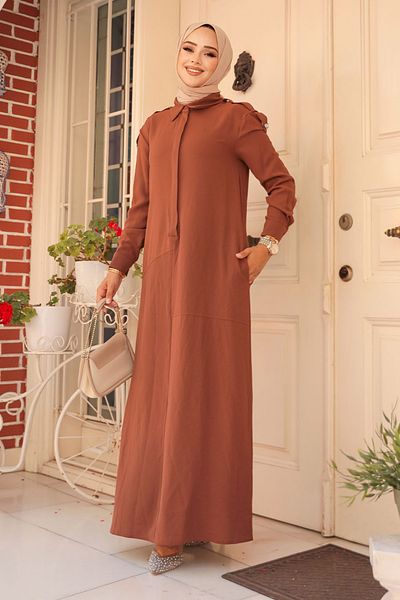 Neva Style Καφέ Φόρεμα Hijab - Λεπτομέρεια με κουμπί, Μοντέλο 12501KH