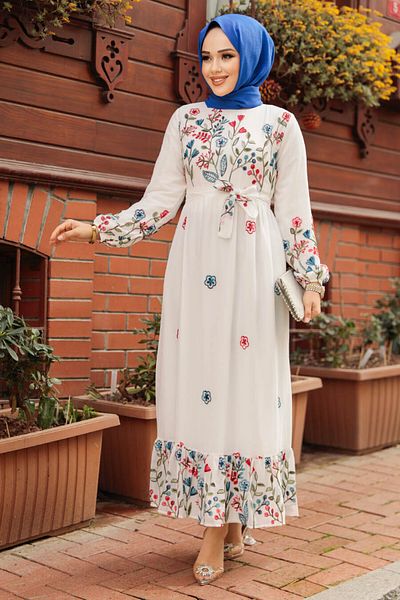 Neva Style Rochie Hijab albă cu imprimeu floral 23233B