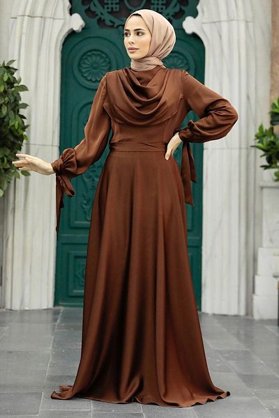Neva Style Brown Satin Hijab Evening Dress 38031Kh