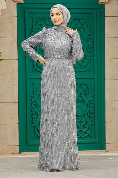 Neva Style Rochie de seara hijab gri brodata cu paiete paiete 2314gr