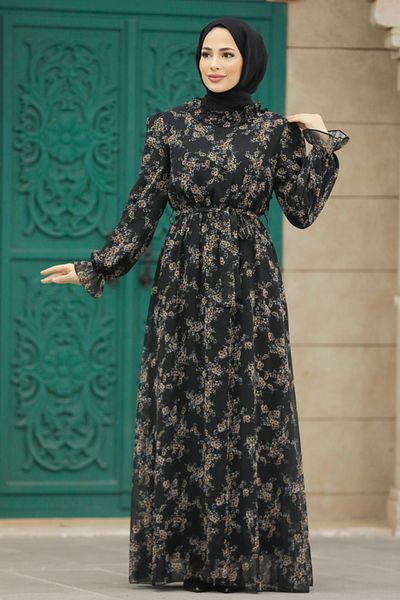 Neva Style - Rochie neagră cu hijab cu modele florale 29712s