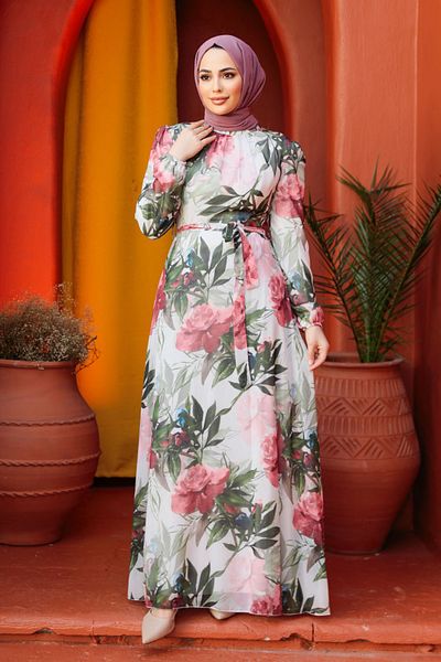 Neva Style Φόρεμα Hijab Ecru με σχέδιο λουλουδιών 27932e