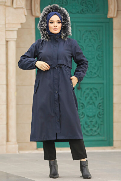 Neva Style Furry Navy Blue Hijab Parka 60651L