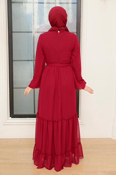 Neva Style Pleated Burgundy Hijab Dress 5726Br