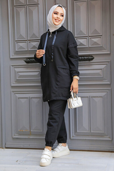 Neva Style Μαύρο Hooded Hijab Διπλό Σετ - 20072S