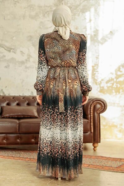 Neva Style Leopar Desenli Hardal Tesettür Elbise 3878hr