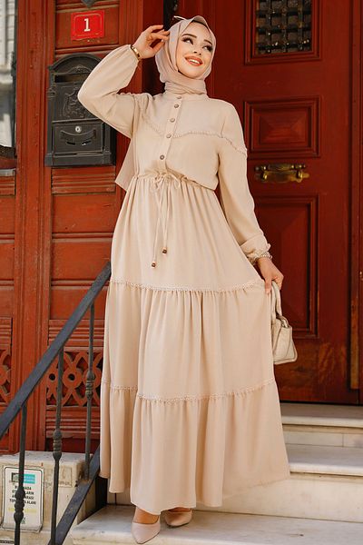 Neva Style Rochie Hijab Bej cu nasturi 63250bej