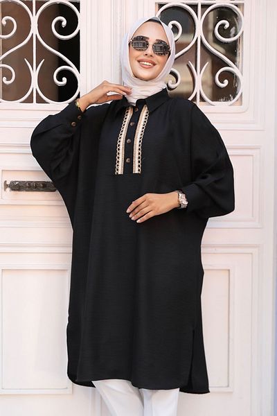 Neva Style Μαύρο Hijab Μπλουζάκι με κουμπί 663s