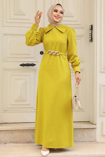 Neva Style - Chain Detail Belted Acidic Yellow Hijab Dress 3420as