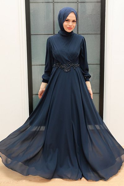 Neva Style Βραδινό φόρεμα με δαντέλα με λεπτομέρεια Navy Blue Hijab 3435l