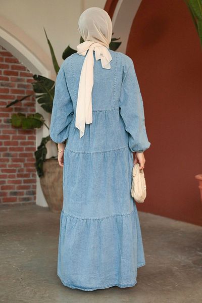 Neva Style Rochie albastră Hijab Demin cu nasturi 10622M