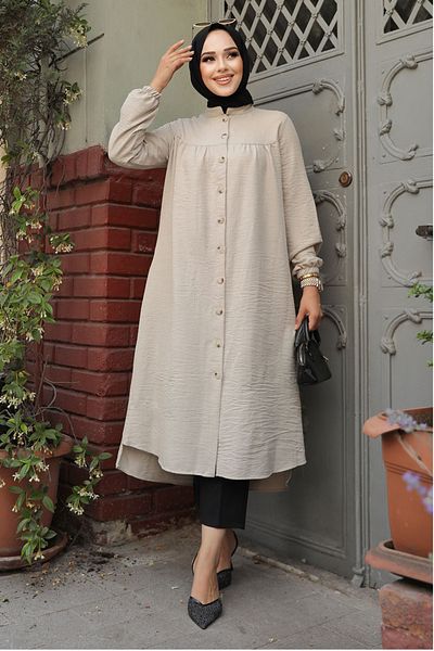 Neva Style تونيك حجاب بأزرار بيج - 5642BEIGE