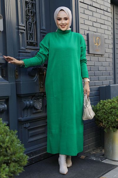 Neva Style Πράσινο Πλεκτό Φόρεμα Hijab 3409y
