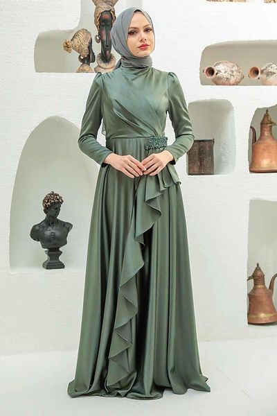 Neva Style فستان سهرة حجاب كاكي منتفخ 22431hk