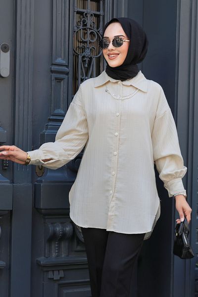 Neva Style Tunica Hijab cu dungi Bej - 11905BEIG