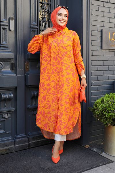 Neva Style تونيك حجاب برتقالي منقوش - 10536T