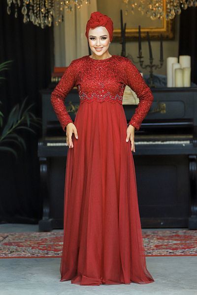 Neva Style Rochie de seara musulmana burgundy brodata cu margele 9160br
