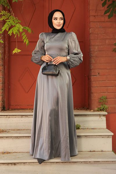 Neva Style Bead Detailed Gray Hijab Evening Dress 23301Gr