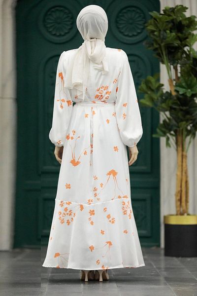 Neva Style Rochie hijab portocalie cu modele florale 5901t