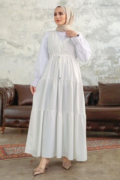 Neva Style Rochie gilet hijab albă plisată 577b
