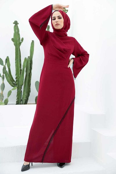 Neva Style Rochie de seara musulmana burgundy cu ciucuri 33150br