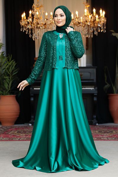 Neva Style Jacket Detailed Green Hijab Satin Evening Dress 25881Y