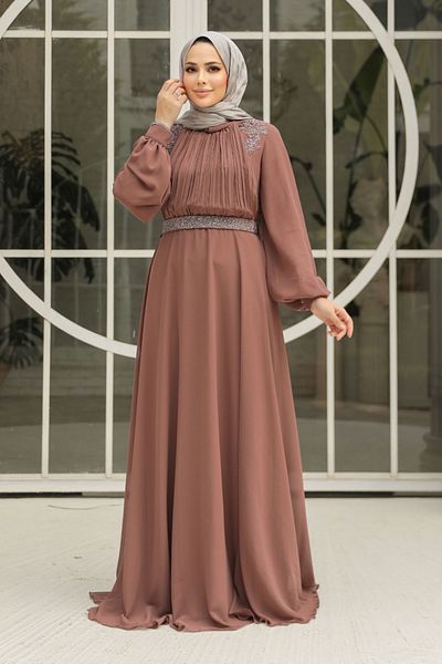 Neva Style Drape Detailed Camel Hijab Evening Dress 25879C