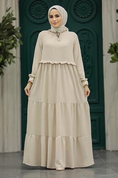Neva Style Rochie Hijab Bej Pliată 5854bej