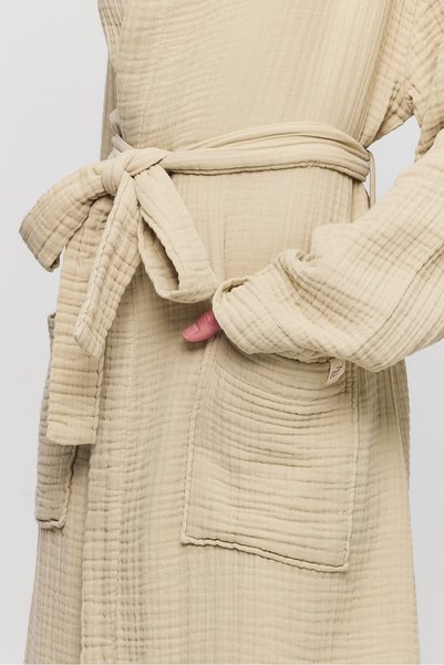 Zeliha Baysan Women's Muslin Pocket Tie Hooded Beige Bathrobe