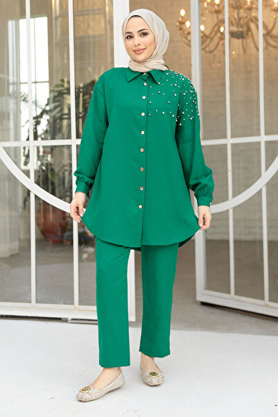 Neva Style Pearl Detailed Green Hijab Double Suit 12461Y