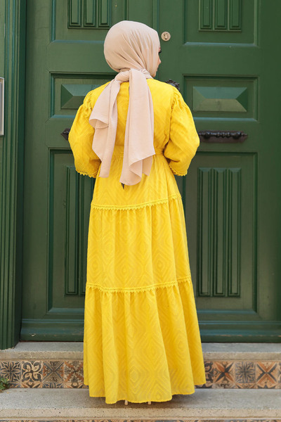 Neva Style Belted Mustard Hijab Dress 14131Hr