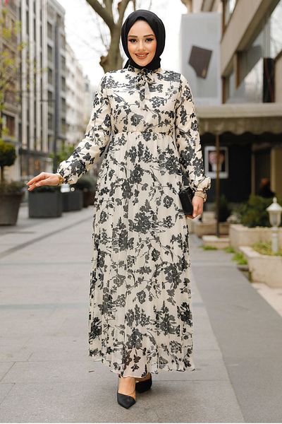 Neva Style Rochie Hijab Ecru cu Motiv Floral 50352E