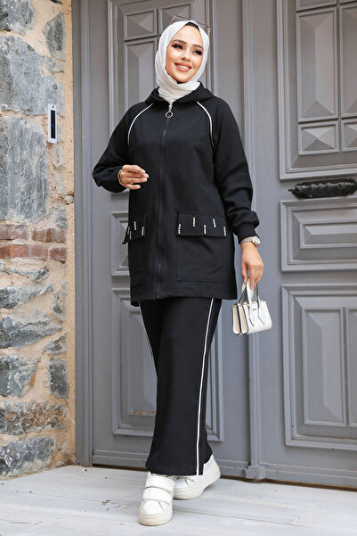 Neva Style Black Hooded Hijab Double Suit - 20113S