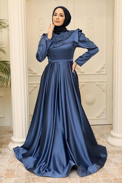 Neva Style Βραδινό φόρεμα με χάντρες Indigo Blue Hijab 22351ım