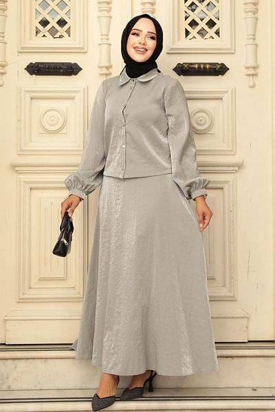 Neva Style بدلة مزدوجة بأزرار مع تنورة حجاب رمادية - 14215GR