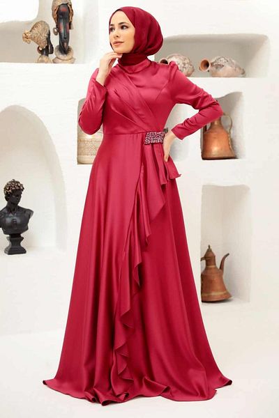 Neva Style Rochie de seară hijab burgundy cu volan 22431br