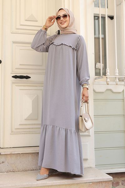 Neva Style - Rochie Hijab Gri cu Volane 7681gr
