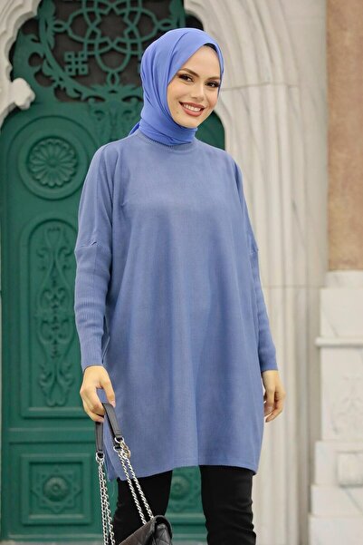 Neva Style Indigo Blue Hijab Knitwear Poncho 3399Im