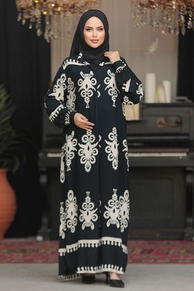 Neva Style Rochie musulmană neagră cu imprimeu floral 23172S