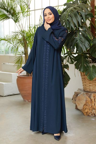 Neva Style Bead Embroidered Dark Blue Hijab Ferace 35166L