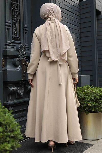 Neva Style Rochie Hijab Bej Brodat cu margele - Maneci 23631BEJ