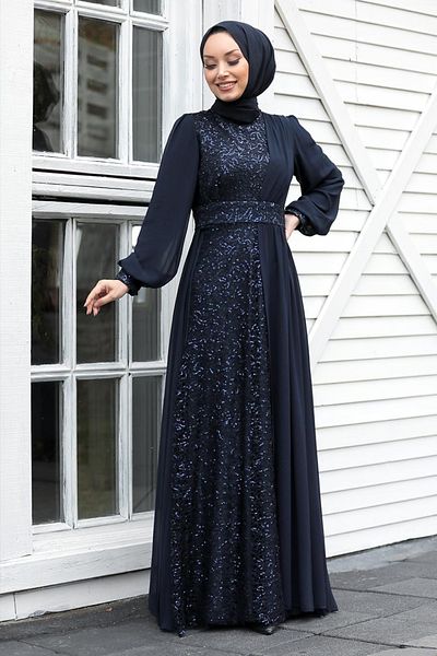 Neva Style Sequin Sequined Navy Blue Hijab Evening Dress 5408L