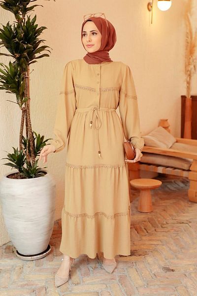 Neva Style - Rochie Hijab Biscuit cu nasturi 63250bs