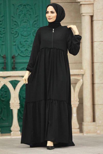 Neva Style Kat Pleated Black Hijab Rabia Crepe Ferace 615S
